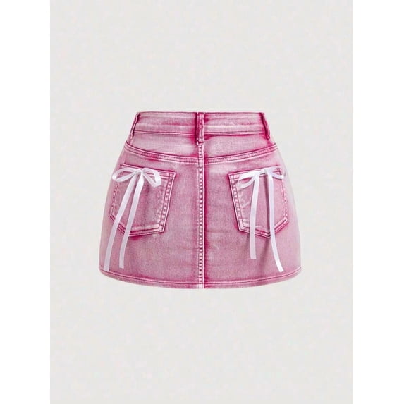Pink Bow-Adorned Denim Mini Skirt With White Ribbon Pocket Details