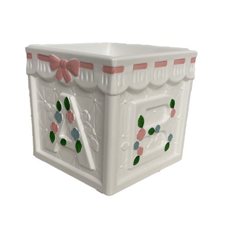 Pink Bow Baby Block Plastic Planter - 4" x 4.75"