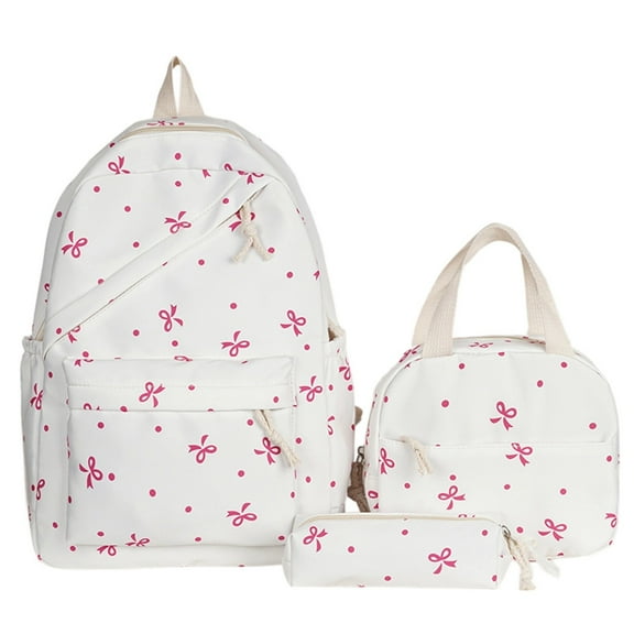 Pink Bow Backpack Set, 3pcs Cute Kawaii Backpack Set, Coquette Bow Daypack Rucksack with Multi-pocket White