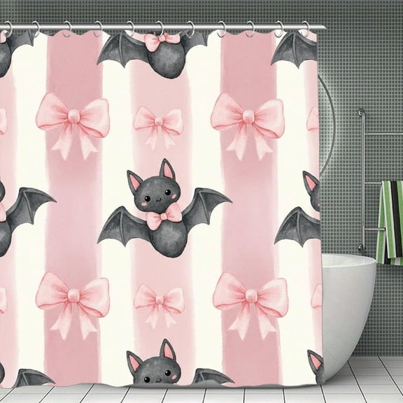 Pink Bow Bat Print Shower Curtain,Modern Fabric Waterproof Shower Curtain Set with Hooks,70.8×70.8Inch