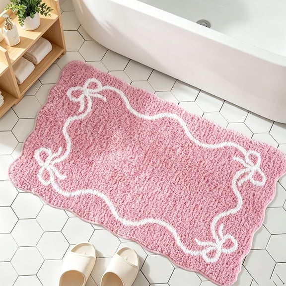 Pink Bow Bath Mat Cute Bow Bathroom Rug Super Soft Absorbent Bathroom Rugs Non Slip Bath Mat Machine Washable Rug for Bathrooms 16x24 inches
