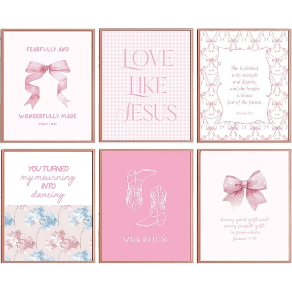 Pink Bow Bathroom Decor, Coquette Bow RoomJANS.NO1 Preppy Jesus Wall Poster Prints Artwork for Teen Girls Room Aesthetic Living Room Bedroom Decor