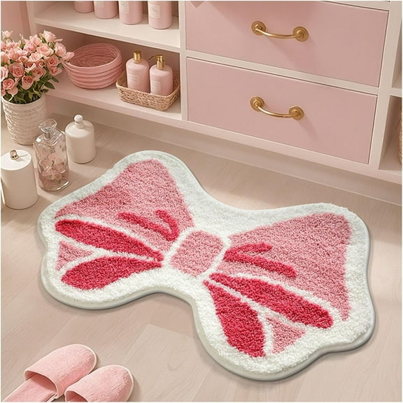 Pink Bow Bathroom Rug, 15.7" x 23.6" Irregular Rug, Fluffy Bath Mat, Non-Slip Floor Mat with 8X Absorbency, for Bathroom & Bedroom, Gift for Girls