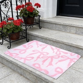 Pink Bow Bathroom Rug 16" x 24" Scalloped Bow Bath Mat Non Slip Coquette Rug Cute Aesthetic Carpet Preppy Room Decor Microfiber Absorbent Bathroom Mat for Valentines Bathtub Shower Bedroom