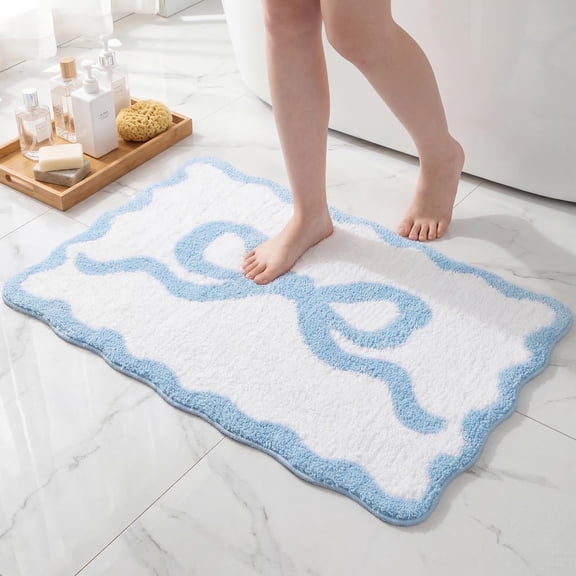 Pink Bow Bathroom Rug 16" x 24" Scalloped Bow Bath Mat Non Slip Cute Coquette Aesthetic Carpet Preppy Room Decor Microfiber Absorbent Mat for Bathtub Shower Bedroom Gift