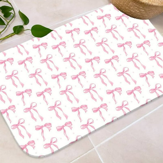 Pink Bow Bathroom Rug 24" x 16" Scalloped Bow Bath Mat Non Slip Coquette Rug Cute Aesthetic Carpet Preppy Room Decor Microfiber Absorbent Bathroom Mat for Valentines Bathtub Shower Bedroom