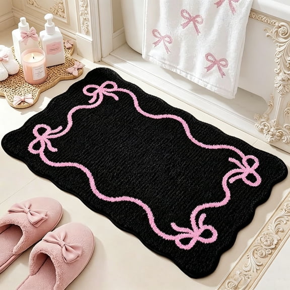 Pink Bow Bathroom Rugs - Soft Fluffy Tufted Bath Mat with Scalloped Edges 16" x 24", Non-Slip Bath Mats for Bathroom, Cute Washable Rug for Tub, Shower, Bedroom