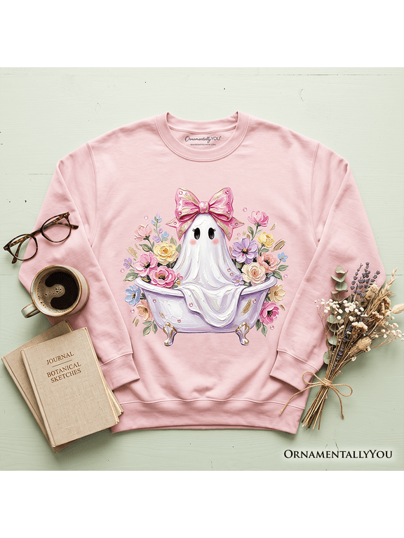 Pink Bow Bathtub Ghost Sweatshirt, Floral Coquette Halloween Sweater