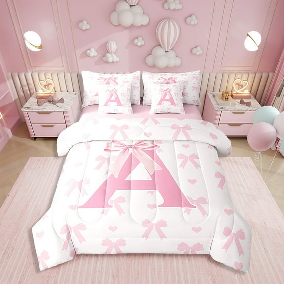 Pink Bow Bed Set in a Bag 7 Pcs,Initial Letter A Chic Romantic Bedding Set,Princess Style Bowknot Love Hearts Girly Fairy Comforter with Fitted,Flat Sheet,Pillowcase,Pillow Covers,Twin