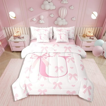 Pink Bow Bed Set in a Bag 7 Pcs,Initial Letter U Chic Romantic Bedding Set,Princess Style Bowknot Love Hearts Girly Fairy Comforter with Fitted,Flat Sheet,Pillowcase,Pillow Covers,Twin