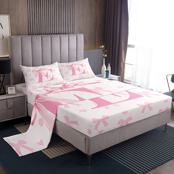 Pink Bow Bed Sheet Set ,Princess Style Bowknot Love Hearts Girly Fairy Sheets Set,Initial Letter E Chic Romantic Sheet Sets with Deep Pocket,Top Flat Sheet,Twin Size