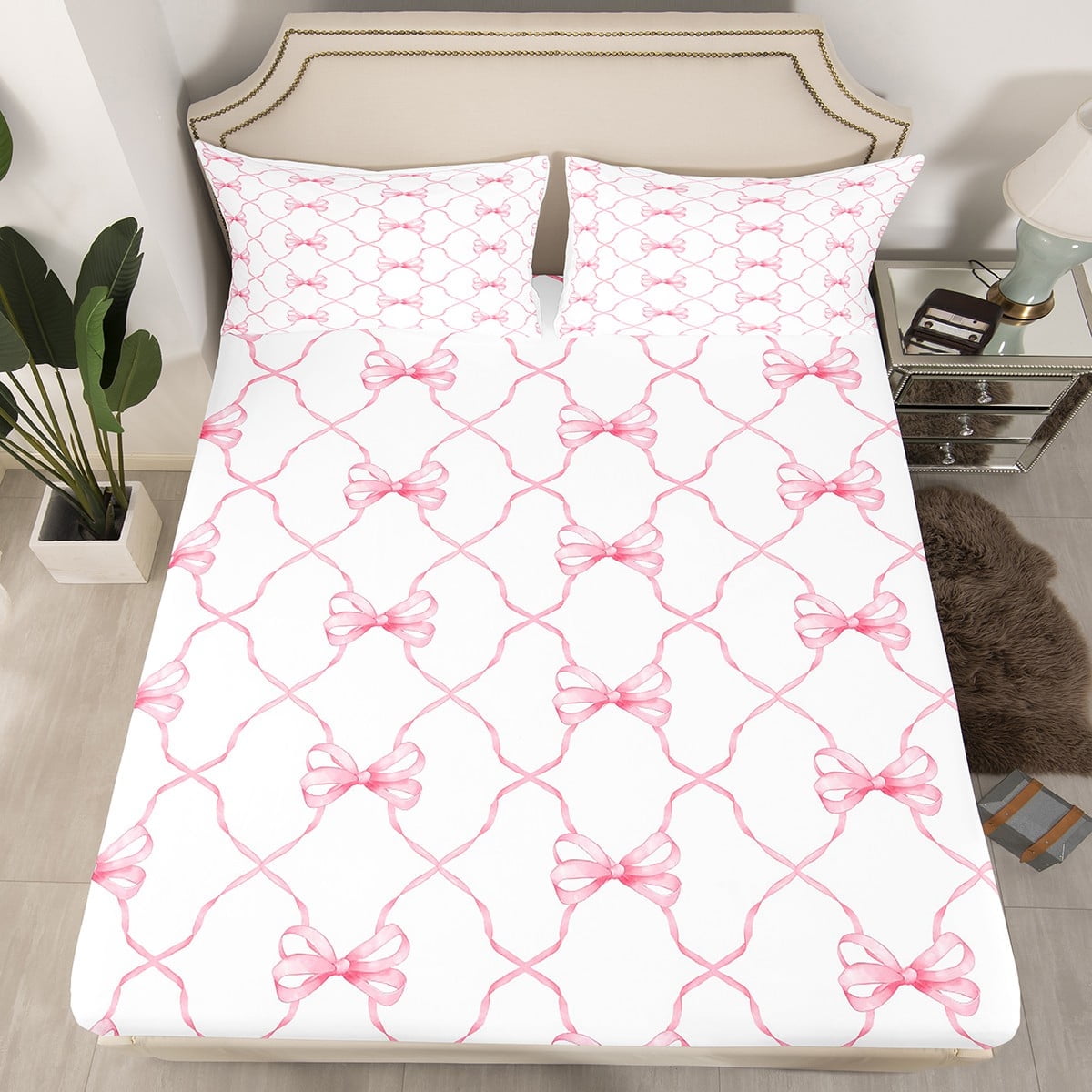 Pink Bow Bed Sheets Cute Bowknot Full Fitted Sheet Grids Ribbon Bow ...