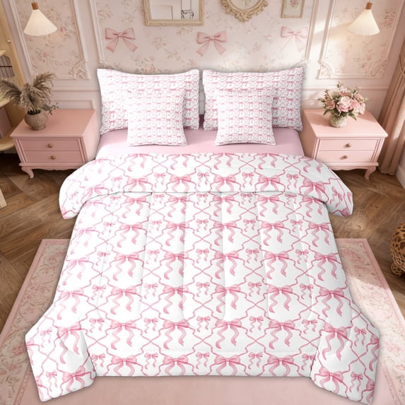 Pink Bow Bedding Set Teen Women,Cute Ribbon Bowknot Full Bed In A Bag 7 Pcs Kawaii Watercolor Bow Tie Comforter Set,Pink White Princess Bow Bed Set