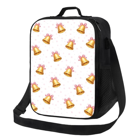 Pink Bow Bell Lunch Bag Insulated Thermal Box with Shoulder Strap & Handle for Work and Picnic