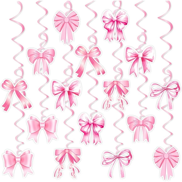 Pink Bow Birthday Decorations, 32PCS Pink Bow Hanging Swirls Set, Bow Party Decorations for Girl Birthday Wedding Valentine's Day Dance Party Favor Supplies