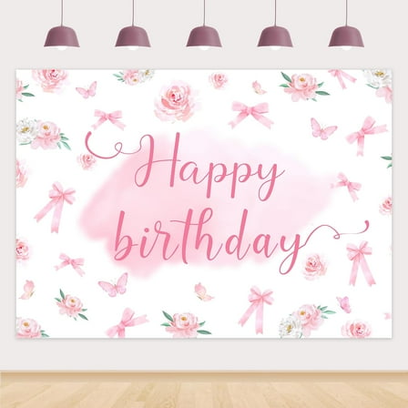Pink Bow Birthday Decorations Banner Pink Bow Happy Birthday Party Backdrop Floral Photography Background for Girls Birthday Party Supplies