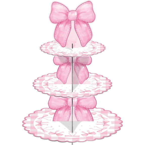 Pink Bow Birthday Decorations Cupcake Stand, 3 Tier Bow Themed Cardboard Cupcake Display Stand Dessert Tower, Pink Baby Shower Birthday Party Supplies