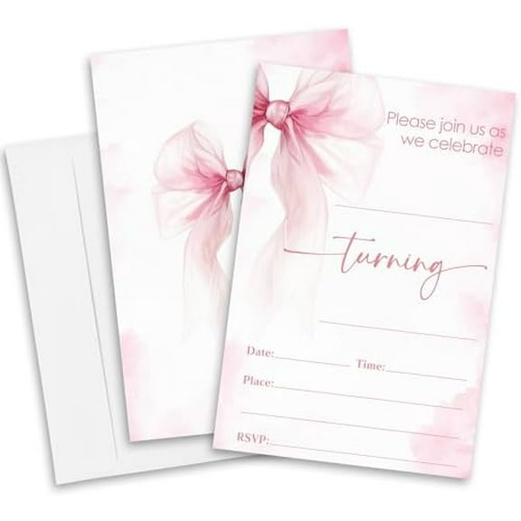 Pink Bow Birthday Invitation For Girl, 20 PCs Gradient Color Fill In Style Birthday Invites With Envelopes For Adults, Birthday Party Favors For Women(4 X 6) -A04