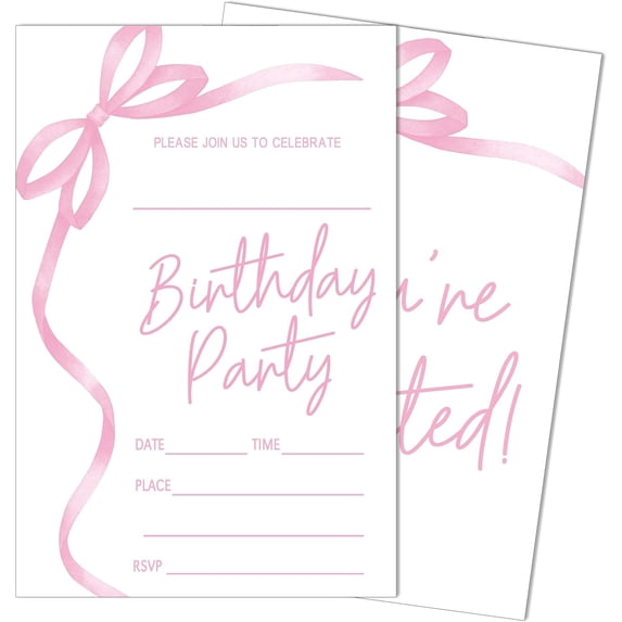 Pink Bow Birthday Invitations, Pink Ribbon Bow Birthday Party Invitations, 20 Party Invitations with Envelopes for Girls Boys, Birthday Party Favor & Decoration (4"x6")-A04