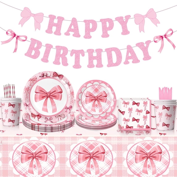Pink Bow Birthday Party Set 53 Pieces New Pink Bow Theme Girl Birthday Party Supplies Plates, Cups, Napkins, Disposable Tableware Set