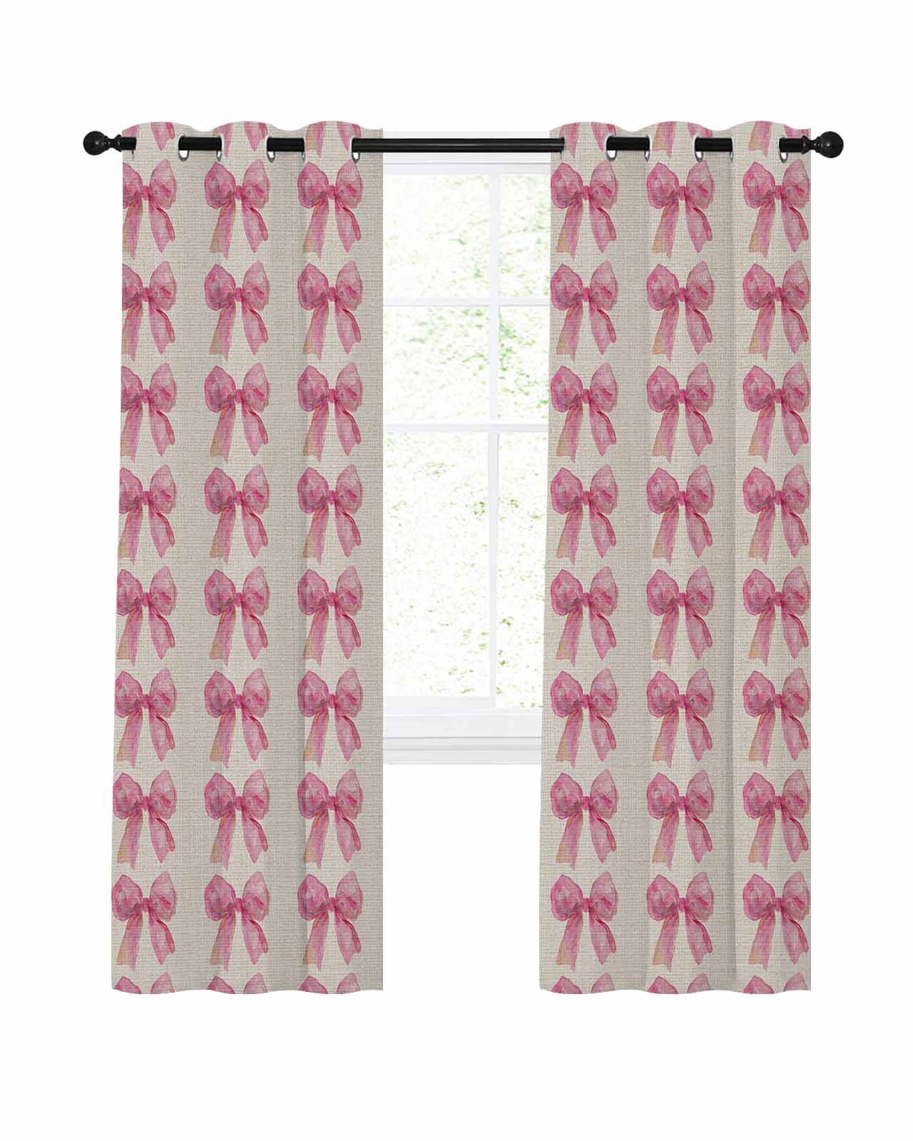 Pink Bow Blackout Curtains 72 Inch Length Vintage Spring Retro Bow Plaid Linen Texture Farm Thermal Insulated Window Curtain Window Drapes 2 Panels for Bedroom Living Room 52"Wx72"L
