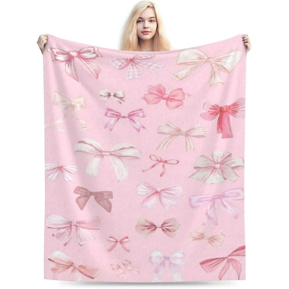 Pink Bow Blanket Anti-Pilling Throw Blanket Plush Blanket Lightweight & Ultra-Soft, Warm & Comfy Flannel Fleece Blanket for Couch, Bed, Sofa, 40x50