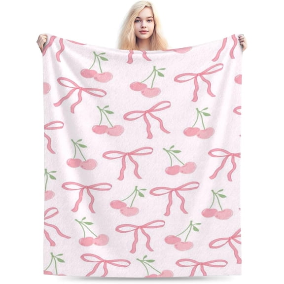 Pink Bow Blanket Anti-Pilling Throw Blanket Plush Blanket Lightweight & Ultra-Soft, Warm & Comfy Flannel Fleece Blanket for Couch, Bed, Sofa, 50x60