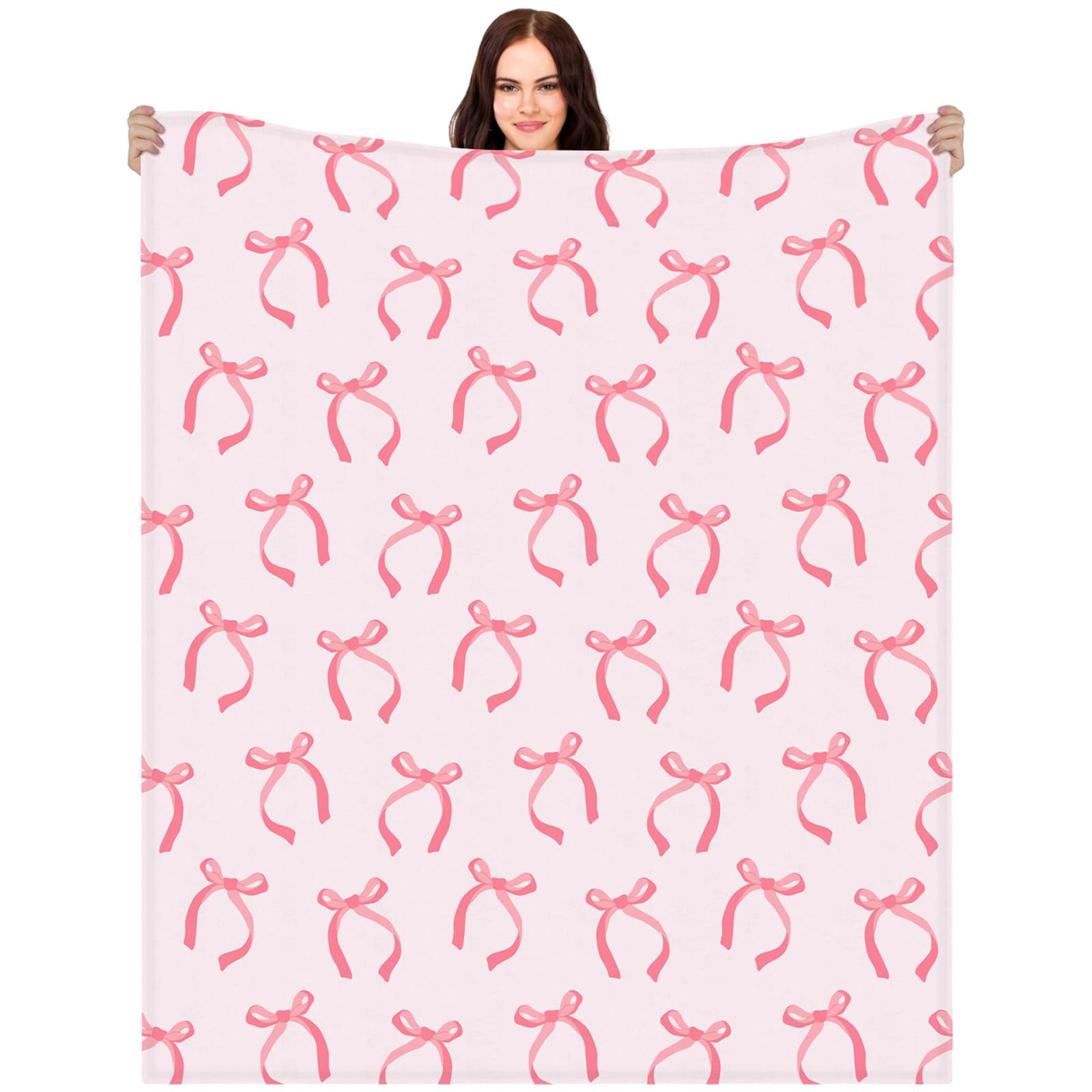 Pink Bow Blanket Christmas Throw Blanket Pink Bow Ribbon Winter Farmhouse Blanket Couch Sofa Soft Warm Bed Blankets for Women Friends Gifts, 50 x 60 Inch(Watercolor Bow)
