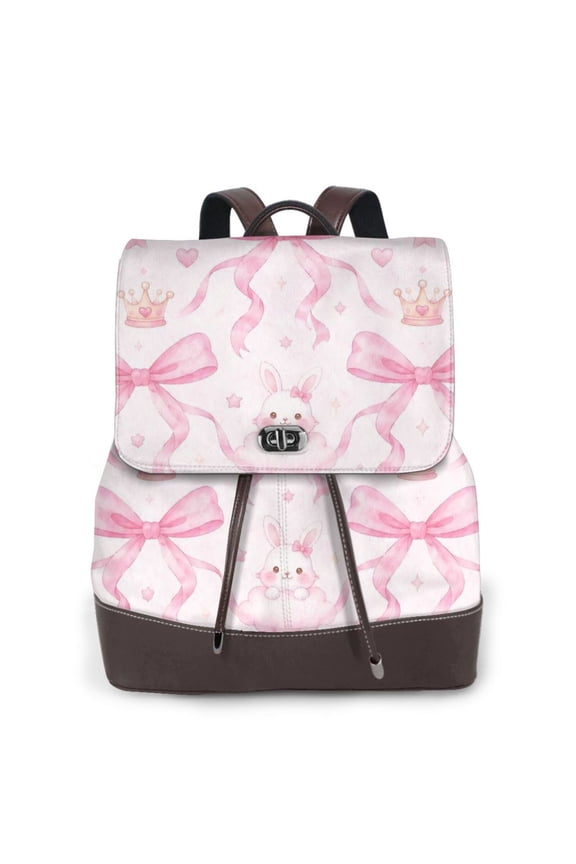 Pink Bow Bunny Women's Leather Backpack All-Over Print Bag for Work and Travel