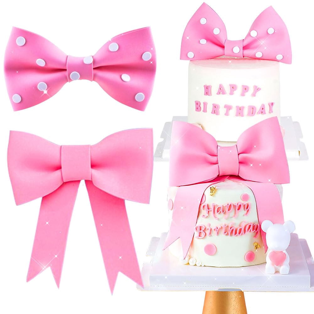 Pink Bow Cake Topper Set - 2 Piece EVA Foam Bow Decorations For Baby Girl Shower, Birthday Cakes