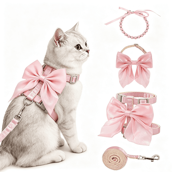 Pink Bow Cat Harness & Leash Set w/ Pearl Necklace & Bow Collar, Cute Kitten Walking