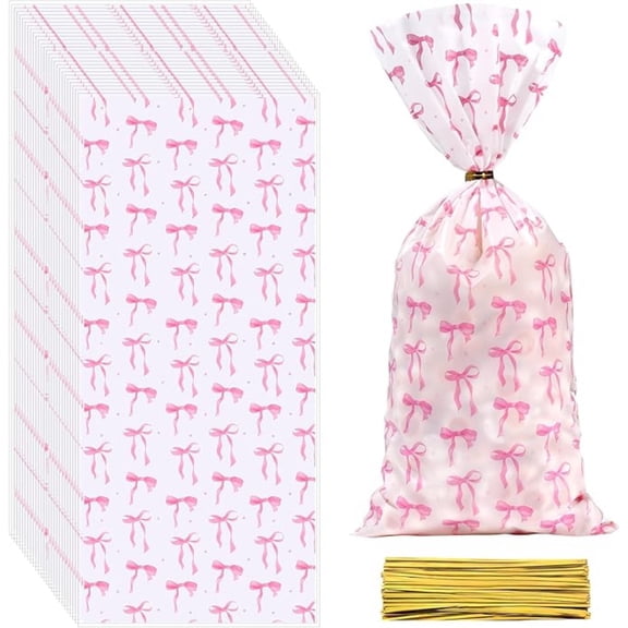 Pink Bow Cellophane Treat Bags Plastic Candy Goodie for Birthdays and Weddings 100 Pcs
