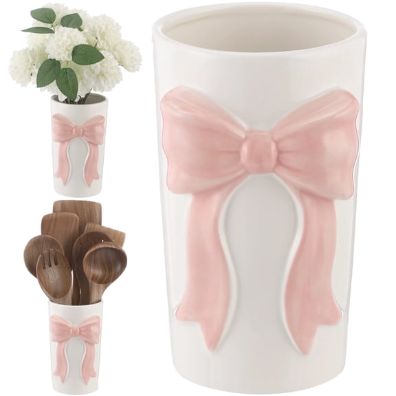 Pink Bow Ceramic Holder, Adorable Flower Vase, Multi-purpose Organizer for Chopsticks, Spoons, Pens & Makeup Brushes, 3.9 x 6.5 in