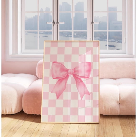 Pink Bow Checkered T-Shirt Western Cowgirl Retro Aesthetic Teen Girl Tee, Stretched Canvas 12x16in