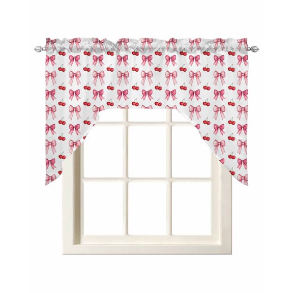 Pink Bow Cherry Kitchen Swag Valances for Windows, Sweet Romantic Preppy Swag Valances Curtains for Living Room, Rod Pocket Window Treatments for Bathroom, Bedroom, Cafe, 56"x36"