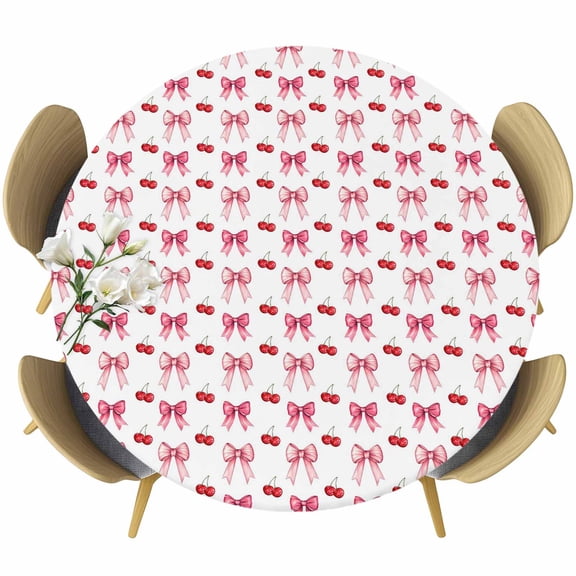 Pink Bow Cherry Round Tablecloth, Fitted Table Cover with Elastic for 55"-60" Round Tables, Sweet Romantic Preppy Table Cloth Outdoor Indoor Dinning Party Waterproof Tablecloths