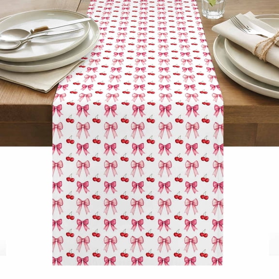 Pink Bow Cherry Table Runner - 36 Inch Long, Kitchen Dining Table Runner Dresser Scarves, Sweet Romantic Preppy Farmhouse Decor for Coffee Tables Wedding Party Banquet