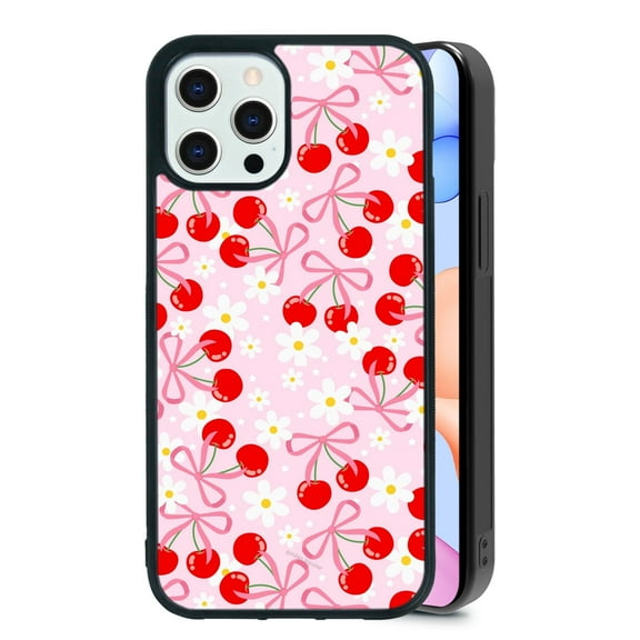 Pink Bow Cherry for iPhone 16 Plus Case, Cute Aesthetic Daisy Flower Shock-Absorbent Protective,Black
