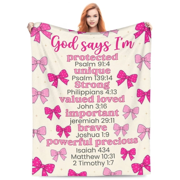 Pink Bow Christian Throw Blanket, Coquette Bow Flannel Blanket, God Says I Am Bible Verse Religious Gift, Inspirational Jesus Prayer Home Decor