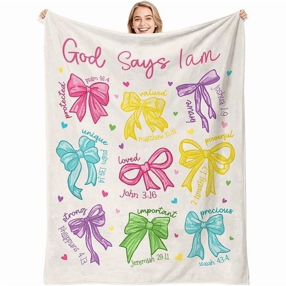 Pink Bow Christian Throw Blanket – "God Says I Am" Bible Verse Flannel Blanket – Coquette Style Inspirational Gift for Women, Girls, Daughter – Jesus Faith Prayer Blanket for Home, Sofa, Bedroom