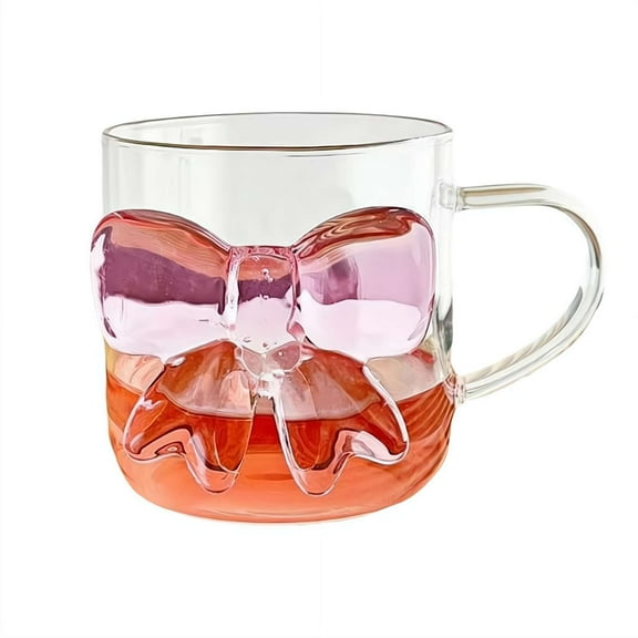 Pink Bow Clear Drinking Glass Cup, 400ml Romantic Cute Bow Clear Crystal Glass Cups, Champagne Milk Juice Cocktail Weddings Women Coffee Birthday, With Wine Cup Handle, Ice Cup Drinking for MWKY