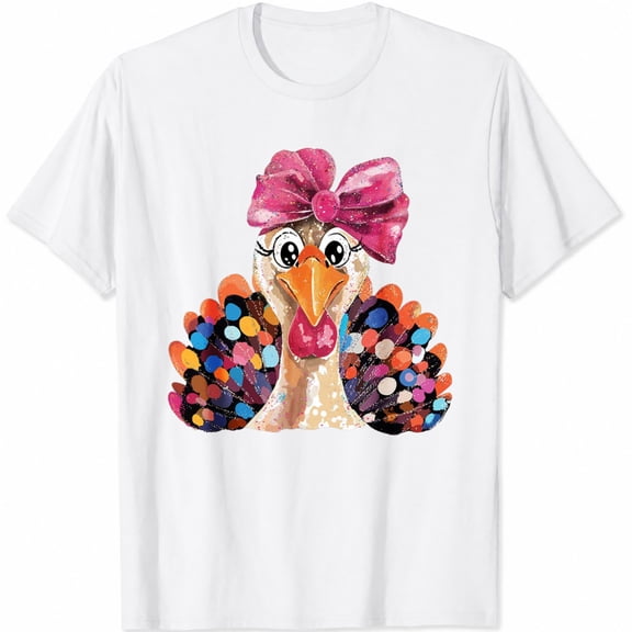 Pink Bow Colorful Turkey Cute Thanksgiving Shirts for Women