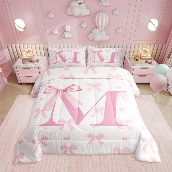 Pink Bow Comforter Set Full Size 3 Pcs,Initial Letter M Chic Romantic Bedding Set,Princess Style Bowknot Love Hearts Girly Fairy Quilt Set for Teens Bedroom,Kawaii Pink,2 Pillowcases