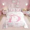 thumbnail image 1 of Pink Bow Comforter Set,Initial Letter D Chic Romantic Bedding Set for Adults Living Room,Princess Style Bowknot Love Hearts Girly Fairy Quilt Set,Kawaii Pink 3 Pcs with 2 Pillowcases,King, 1 of 6