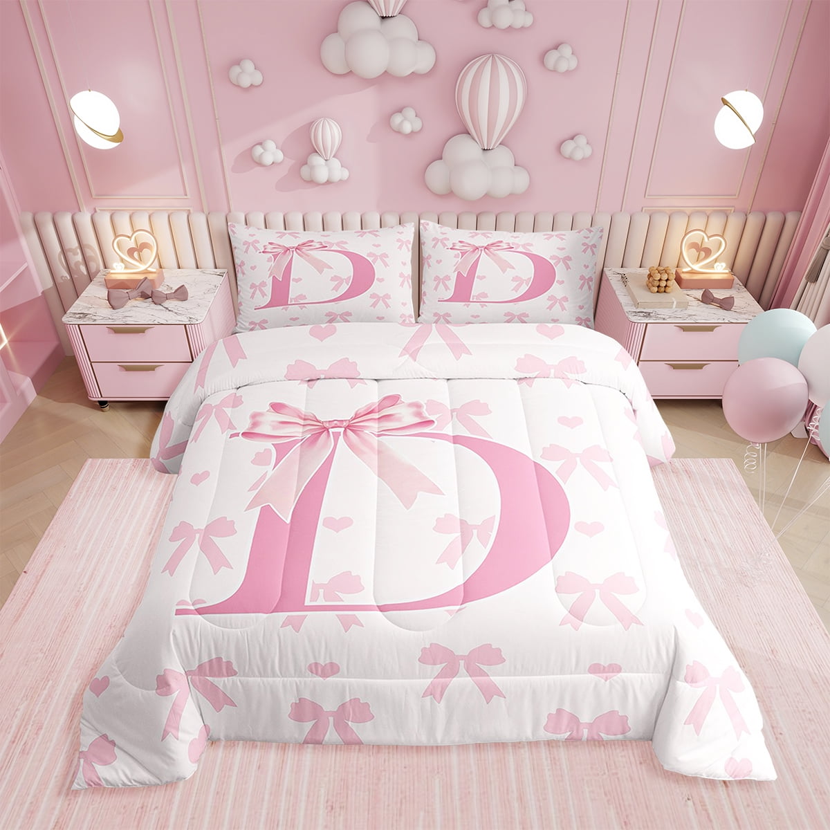 Pink Bow Comforter Set,Initial Letter D Chic Romantic Bedding Set Teens ...
