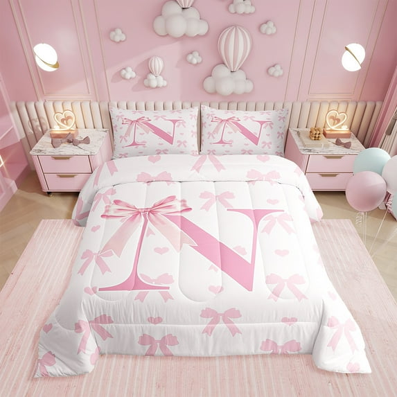 Pink Bow Comforter Set,Initial Letter N Chic Romantic Bedding Set Teens Bedroom,Princess Style Bowknot Love Hearts Girly Fairy Quilt Set,Kawaii Pink 2 Pcs with 1 Pillowcase,Twin