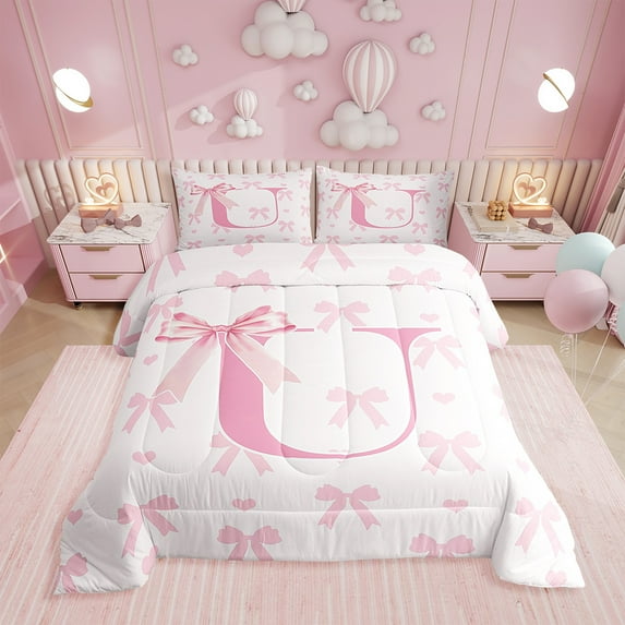 Pink Bow Comforter Set King Size,Initial Letter U Chic Romantic Bedding Set 3 Pcs for Women,Princess Style Bowknot Love Hearts Girly Fairy Down Comforter,Kawaii Pink,2 Pillowcases