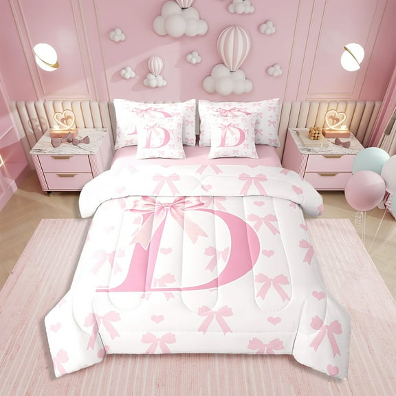 Pink Bow Comforter Set Twin,Initial Letter D Chic Romantic Bedding Set,Princess Style Bowknot Love Hearts Girly Fairy Bed Set 7 Pieces(Comforter Fitted Flat Sheet Pillowcase Pillow Cover)
