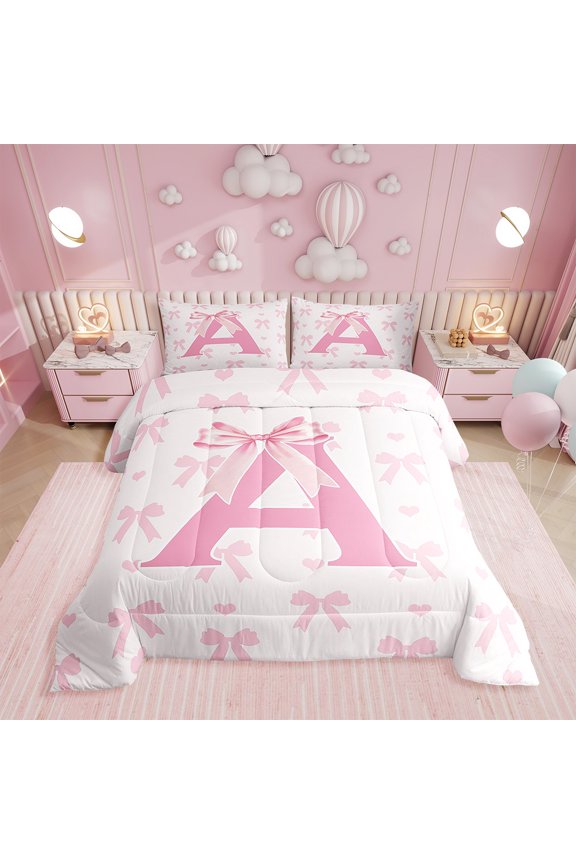 Pink Bow Comforter Set Twin Size,Initial Letter A Chic Romantic Bedding Set 2 Pcs ,Princess Style Bowknot Love Hearts Girly Fairy Down Comforter,Kawaii Pink,1 Pillowcase