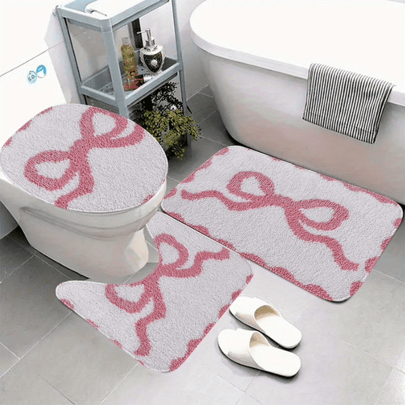 Pink Bow Coquette 3-Piece Bath Rug Set, Non-Slip Polyester Bathroom Mats, Plush Absorbent Washable Rugs with Toilet Lid Cover & U-Shaped Mat for Preppy Aesthetic Bathroom Decor